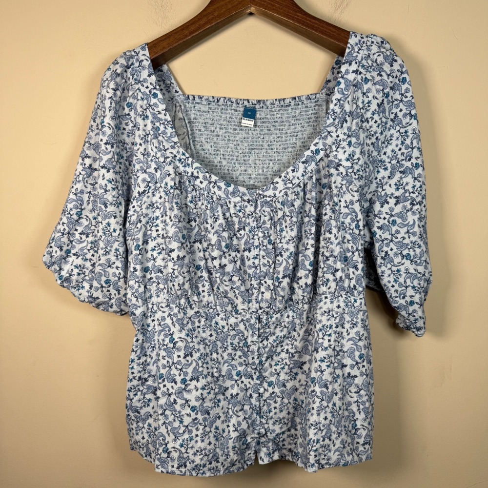 Old Navy Blue Floral Puff Sleeve Blouse 2X Cottagecore Praire Vintage Americana